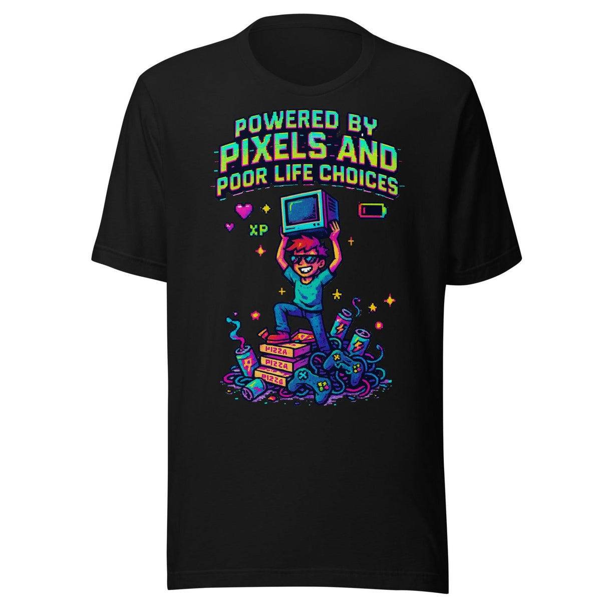 Powered By Pixels and Poor Life Choices Gamer Shirt