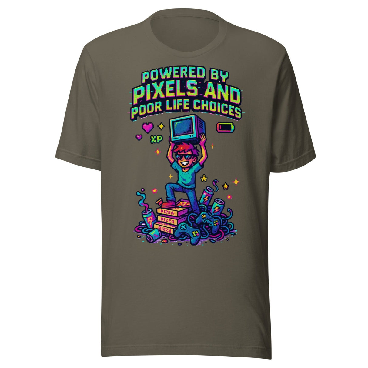 Powered By Pixels and Poor Life Choices Gamer Shirt