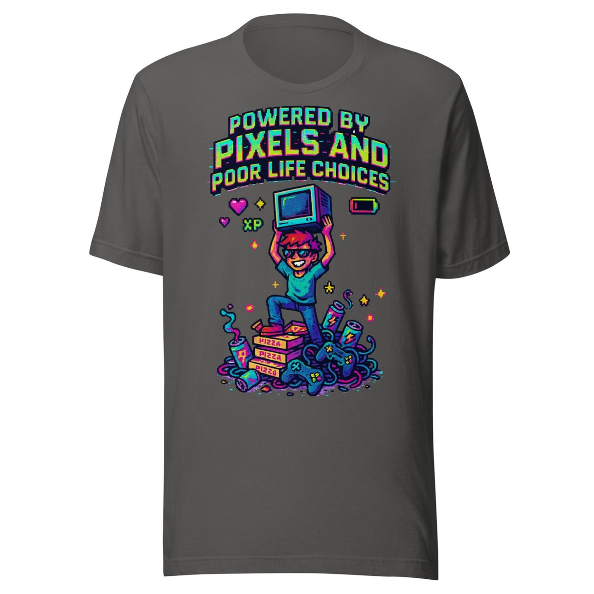 Powered By Pixels and Poor Life Choices Gamer Shirt