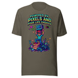 Powered By Pixels and Poor Life Choices Gamer Shirt