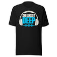 Cyan-and-white graphic reading “SHE LIKES IT DEEP,” framed by over-ear headphones with a cyan audio waveform beneath the lettering.