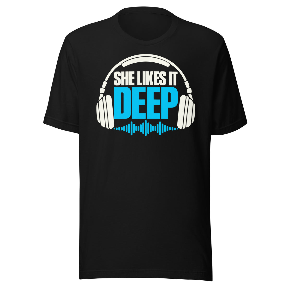Cyan-and-white graphic reading “SHE LIKES IT DEEP,” framed by over-ear headphones with a cyan audio waveform beneath the lettering.