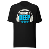 Cyan-and-white graphic reading “SHE LIKES IT DEEP,” framed by over-ear headphones with a cyan audio waveform beneath the lettering.