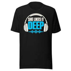 Cyan-and-white graphic reading “SHE LIKES IT DEEP,” framed by over-ear headphones with a cyan audio waveform beneath the lettering.