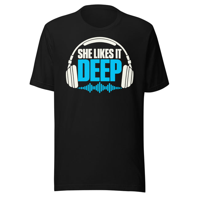 Cyan-and-white graphic reading “SHE LIKES IT DEEP,” framed by over-ear headphones with a cyan audio waveform beneath the lettering.